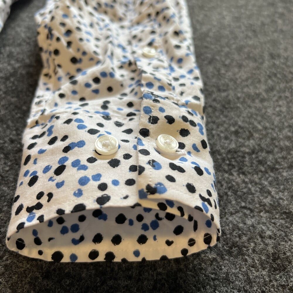 Michael Kors Men M Button Up Blue Black Polka Dots Trim Stretch Long Sleeve - Picture 10 of 11